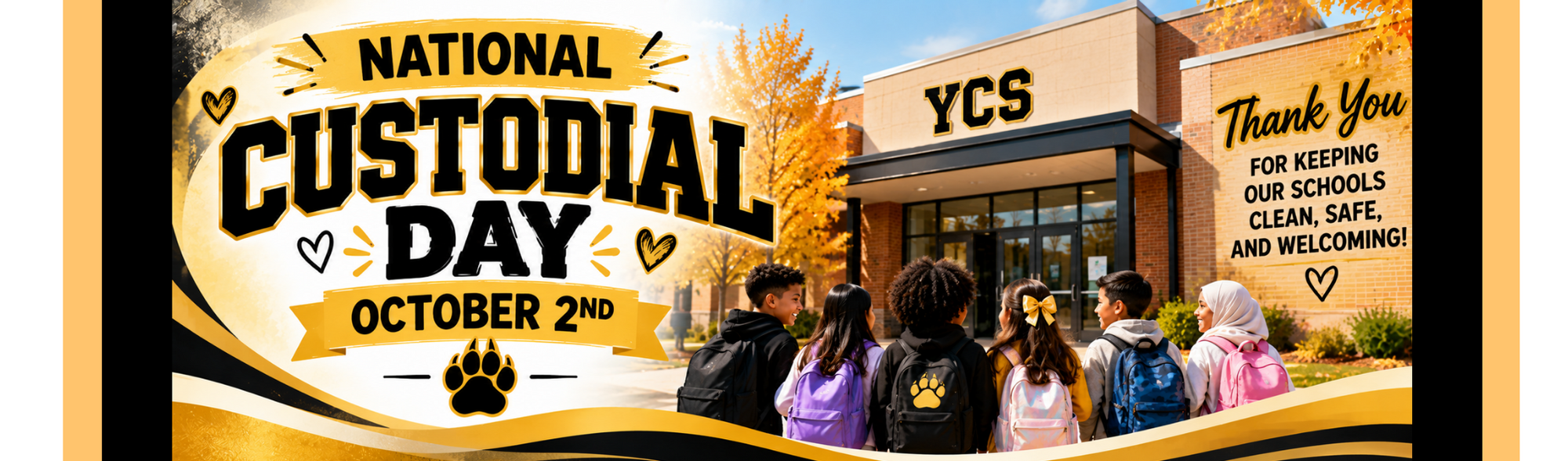 National Custodial Day banner for Ypsilanti Community Schools, October 2. The black-and-gold design features a YCS school building with a diverse group of students wearing backpacks. Text reads, “Thank You for keeping our schools clean, safe, and welcoming!”
