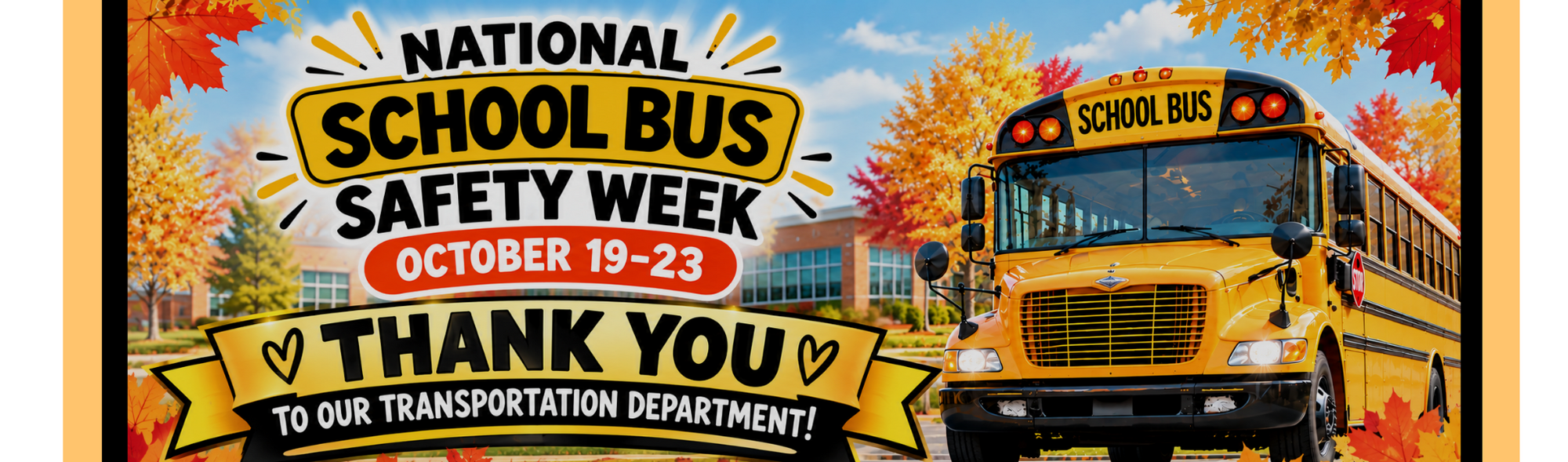 National School Bus Safety Week banner for October 19–23 featuring a yellow school bus in front of a school surrounded by colorful fall leaves. The banner reads, “Thank You to Our Transportation Department!”